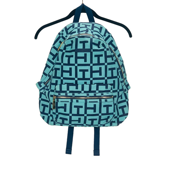 TOMMY HILFIGER Dome Backpack 17" Monogram Logo Navy Teal Canvas Preppy Bag VGUC - Picture 1 of 12